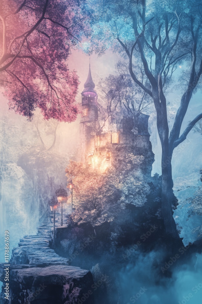 Obraz premium Experience a dreamy surreal environment featuring a mystical castle surrounded by vibrant trees and ethereal lighting, creating a captivating atmosphere.