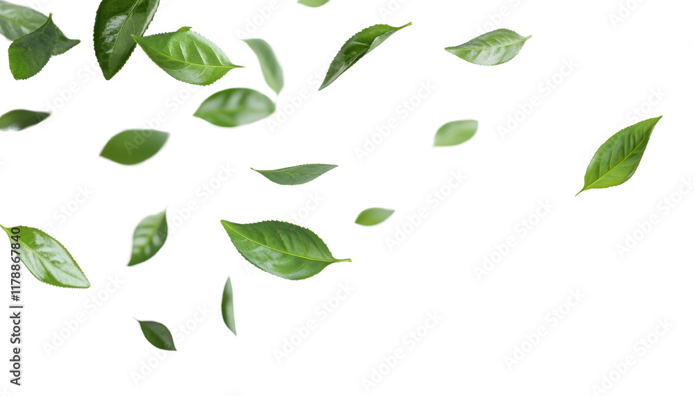 Green tea leaf floating isolated on transparent background Green tea leaf floating isolated on transparent background