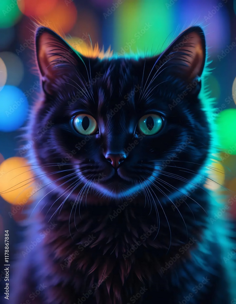 close up cute fat cat colorful lights