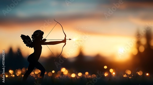 Silhouetted figure of Cupid the mythological love deity shooting a bow and arrow against a dramatic glowing sunset sky with warm golden accents   a romantic fantasy and spiritual scene photo