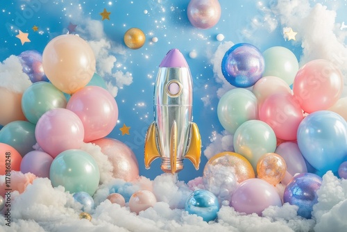 A colorful balloon rocket is surrounded by a cloud of colorful balloons