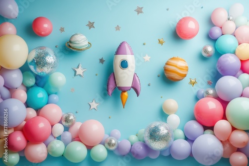 A colorful balloon display with a rocket in the middle