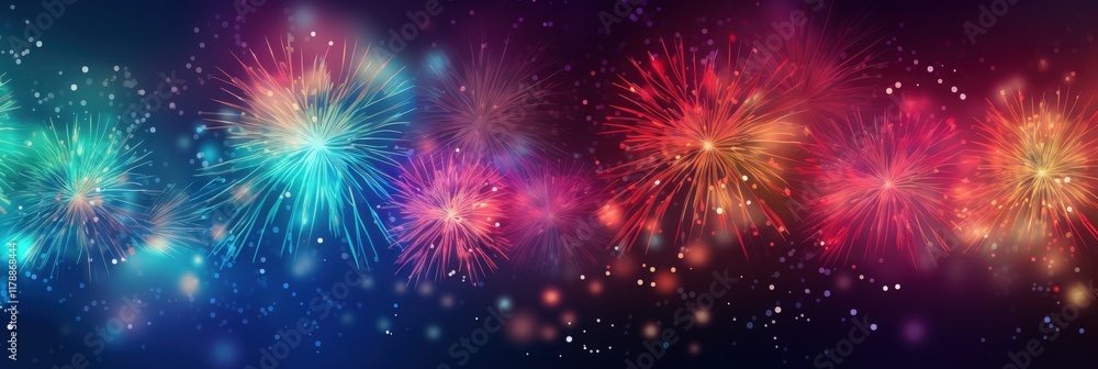 Naklejka premium Colorful Abstract Background with New Year Fireworks Display in Vibrant Shades of Blue, Green, Red, and Pink Sparkling Lights and Glowing Particles