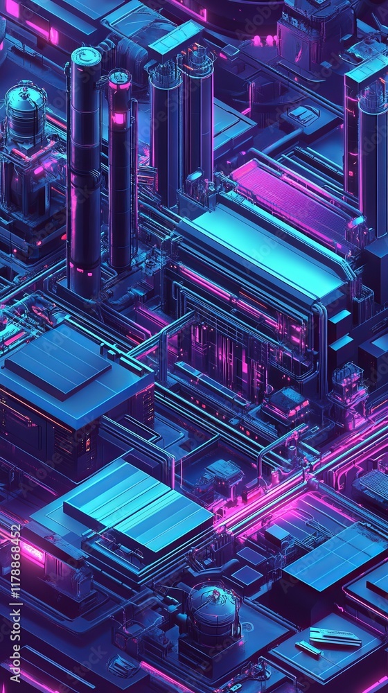 Fototapeta premium A vibrant futuristic cityscape illuminated by neon pink and blue lights, showcasing a high-tech urban environment at night.
