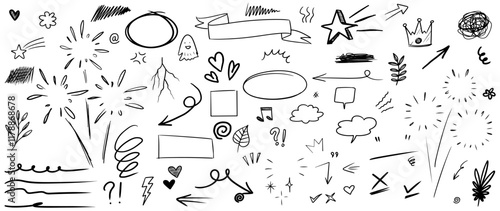 Hand drawn doodle style collection of heart, scribble, star, check mark, spirals, arrow, highlight, speech bubble, underline, sparkles, leaves, wind, lightning, and emphasis element.