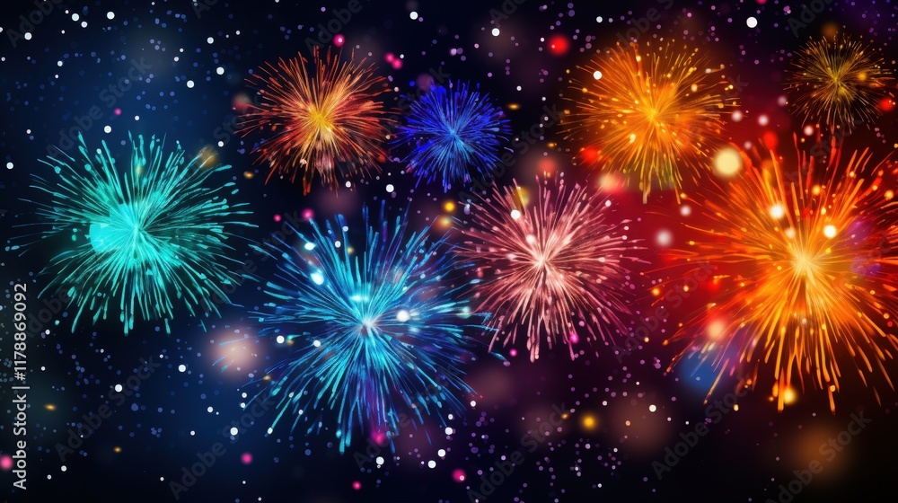 Fototapeta premium Colorful Fireworks Against a Dark Background to Celebrate the New Year with Vibrant Explosions and Bright Light Effects for an Abstract Theme