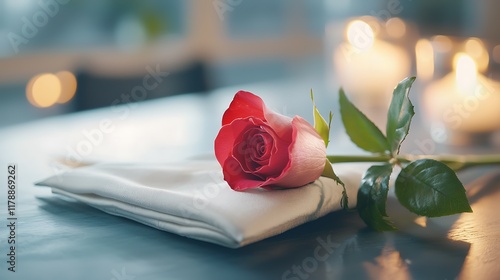 Elegant long stem red rose resting gracefully on an elegantly folded napkin set against the backdrop of a formal dining table setup exuding a sense of romance luxury and sophistication photo