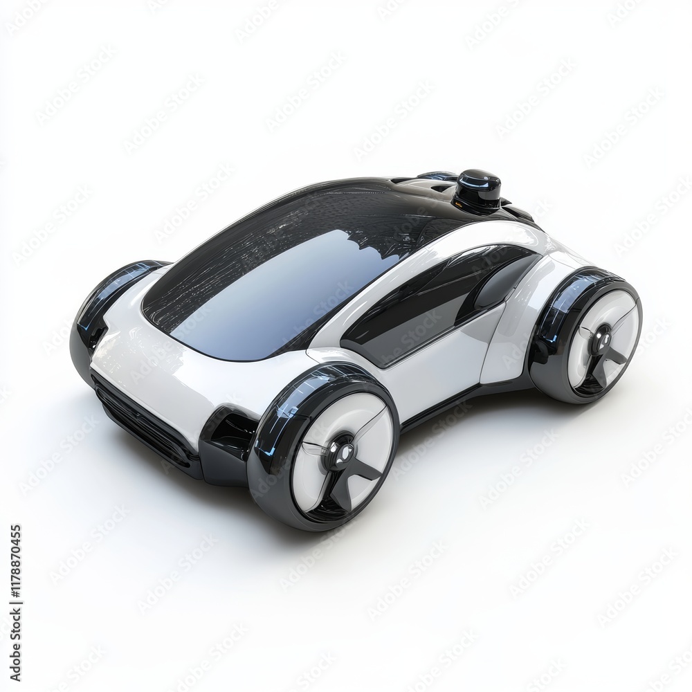 Futuristic car with a black and white color scheme. The car is designed to be a self-driving vehicle Futuristic car with a black and white color scheme. The car is designed to be a self-driving vehicle