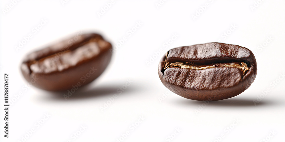 Close-up shot of two roasted coffee beans on white background. Close-up shot of two roasted coffee beans on white background.