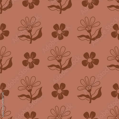 Seamless Floral Pattern. Hand drawn flowers on mocha mousse brown Background. Minimal monochrome botanical Design for Textiles and Decor in color pantone 2025 year. Vector illustration