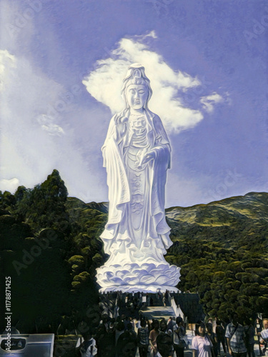 A colored pencil illustration featuring a colossal image of Guan Yin located on a hilly site.