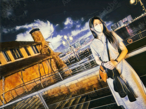 A colored pencil illustration featuring a girl travel in the city enjoying seaside city view.