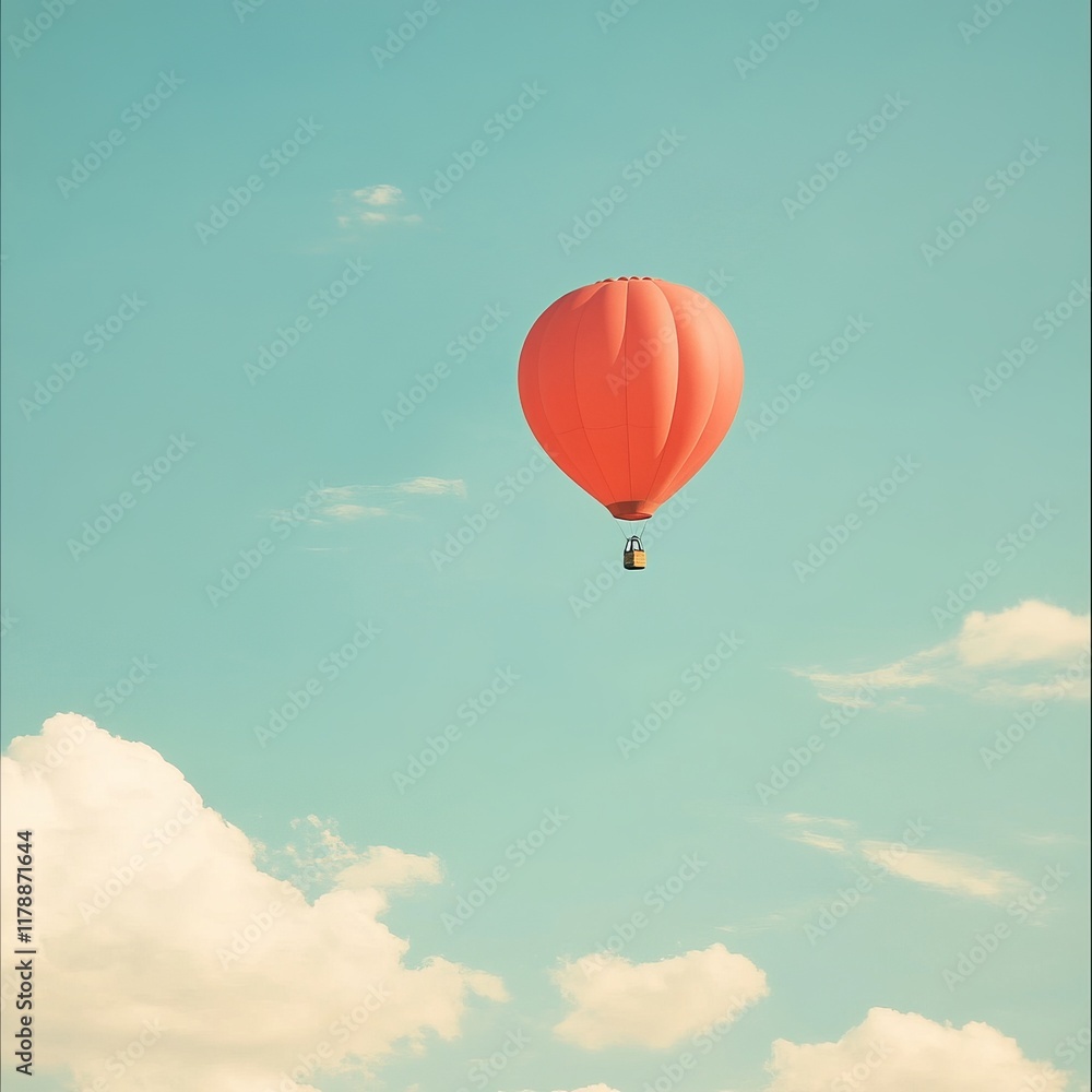 Fototapeta premium A vibrant hot air balloon floats gracefully in a clear blue sky, surrounded by fluffy clouds. This serene scene captures the essence of adventure and freedom in travel.