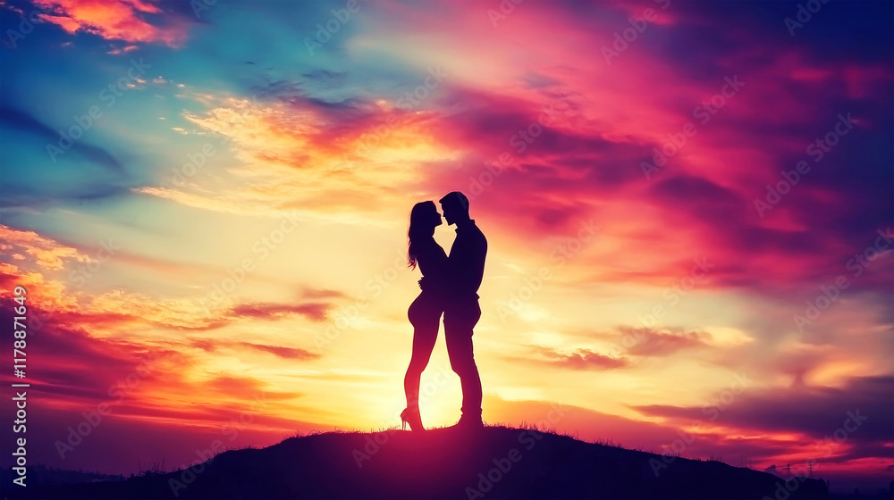 Warm embrace of lovers silhouetted against a vibrant sunset on a hilltop, capturing the essence of romance and connection Warm embrace of lovers silhouetted against a vibrant sunset on a hilltop, capturing the essence of romance and connection