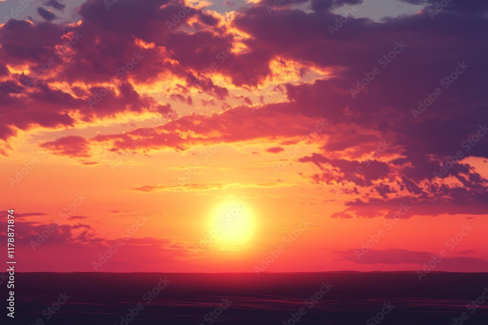 Fototapeta premium Beautiful sunset with a large sun in the sky. The sky is filled with clouds, creating a moody atmosphere