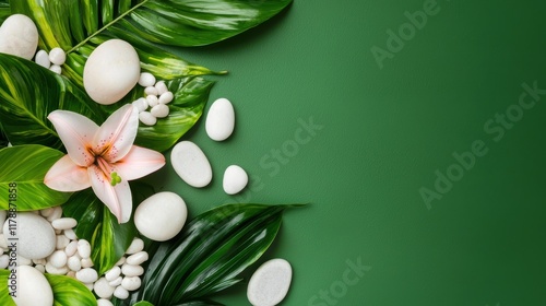 Tropical-inspired spa arrangement with a pink lily white pebbles and lush green leaves bright and calming design perfect for wellness themes photo