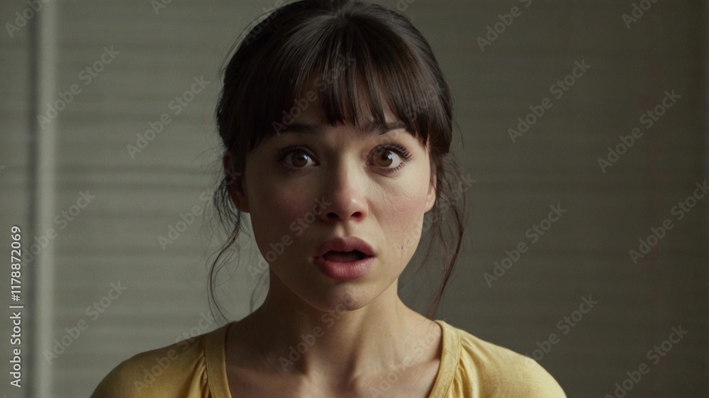 a woman shows an expression of fear or surprise a woman shows an expression of fear or surprise