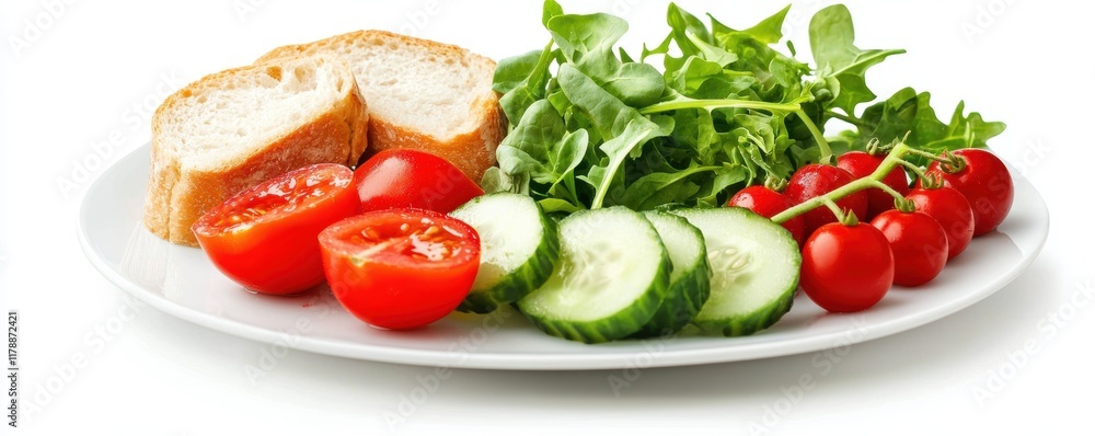 Wholesome plate of mixed greens paired with bread tomatoes cucumbers and berries clean and appetizing setup for healthy food photography Wholesome plate of mixed greens paired with bread tomatoes cucumbers and berries clean and appetizing setup for healthy food photography