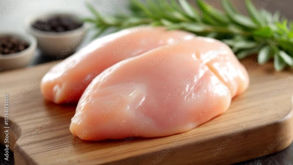 Two raw chicken breasts on a cutting board Two raw chicken breasts on a cutting board