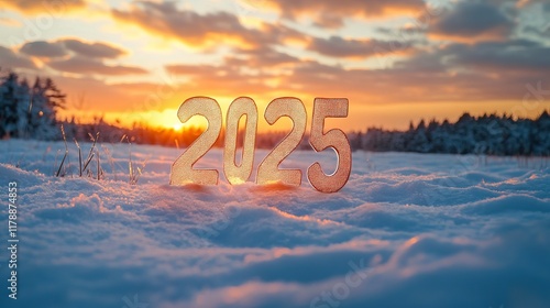 Wallpaper Mural A glowing "2025" floating above a pristine winter landscape under an orange sunset Torontodigital.ca