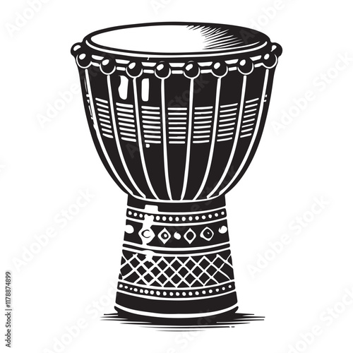 Djembe Silhouette Vector Illustration, Solid White Background.