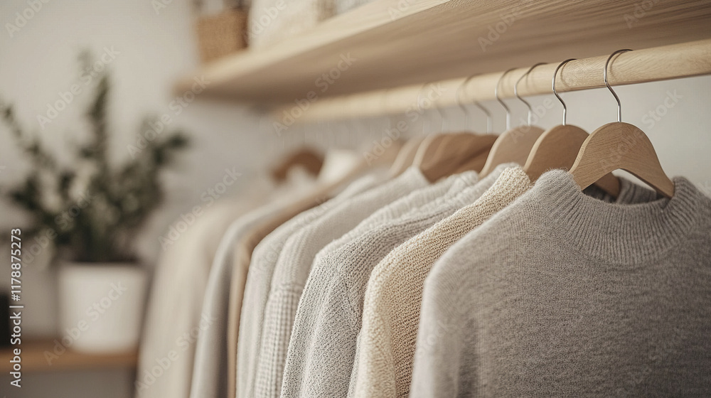 Fototapeta premium Neutral toned sweaters on wooden hangers in minimalist closet