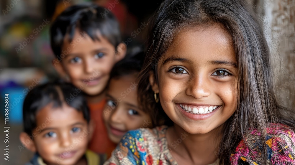 A charming girl smiles brightly in focus, surrounded by her cheerful friends, emphasizing the joy and camaraderie of childhood togetherness in a warm, inviting environment. A charming girl smiles brightly in focus, surrounded by her cheerful friends, emphasizing the joy and camaraderie of childhood togetherness in a warm, inviting environment.