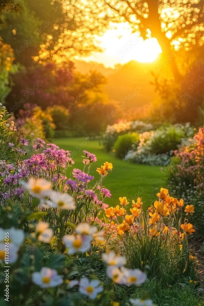 Obraz premium A beautiful sunset illuminating a colorful flower garden, showcasing vibrant blooms and lush greenery in a tranquil park.