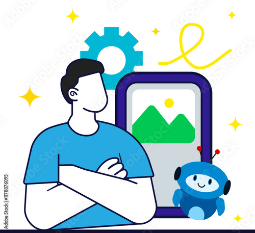 Person using AI chatbot to create a natural picture on big smartphone screen. Man gives a prompt to a chat bot, uses a virtual assistant. Cartoon flat vector illustration. 