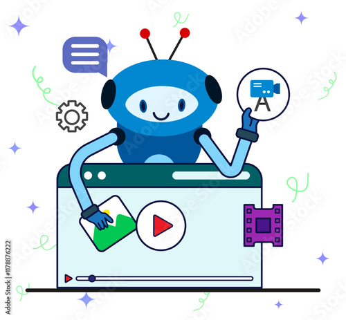Robot introducing about video content creation on website. Artificial intelligence robot generating video. AI-generated video content concept illustration