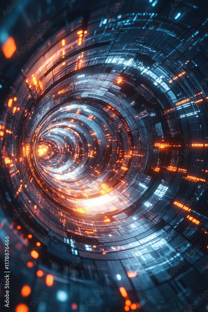 Obraz premium Abstract digital tunnel with vibrant orange and blue lights, resembling a sci-fi cyber vortex.