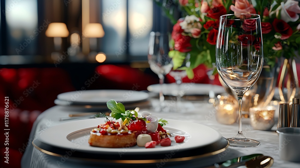 Luxurious and Romantic Dinner Setting with Plush Velvet Decor Refined Tableware and Opulent Ambiance Perfect for a Celebratory Occasion or Fine Dining Experience Luxurious and Romantic Dinner Setting with Plush Velvet Decor Refined Tableware and Opulent Ambiance Perfect for a Celebratory Occasion or Fine Dining Experience
