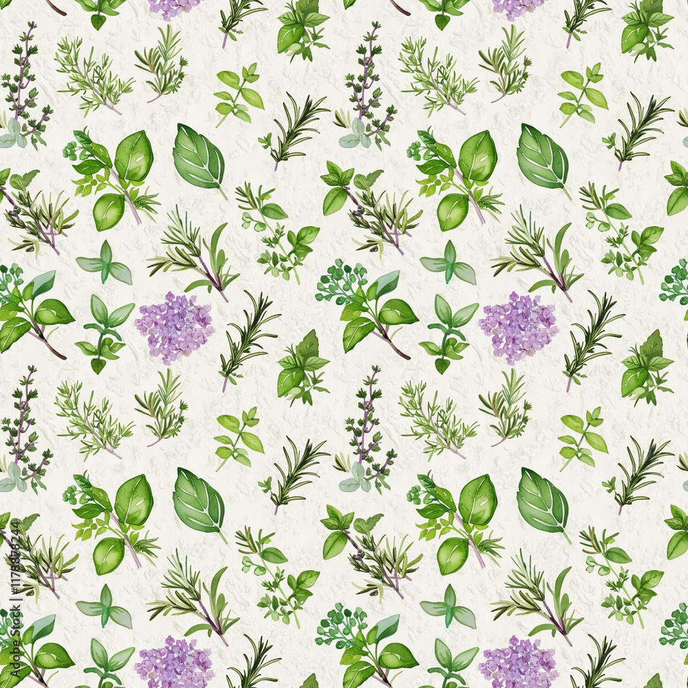 Naklejka premium Seamless herbal pattern with basil, rosemary, thyme and mint on a light background