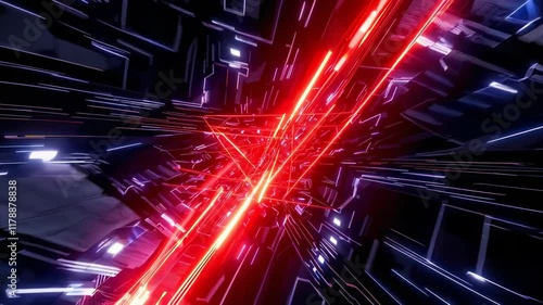 Dynamic virtual environment with geometric red neon grid lines forming a tunnel structure. Bright magenta and blue energy pulses create depth. Digital particles scatter across deep black space. 