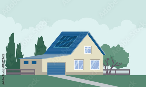 Residential house with solar panels on the roof. Flat vector illustration