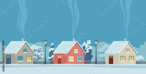 Winter street in suburban town. Vector illustration of houses, empty road, trees covered with snow, night sky with clouds and snowfall. Flat vector illustration