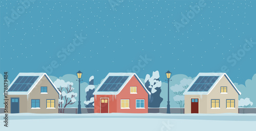 Winter street in suburban town. Houses with solar panels on the roofs, empty road, trees covered with snow, night sky with clouds and snowfall. Flat vector illustration
