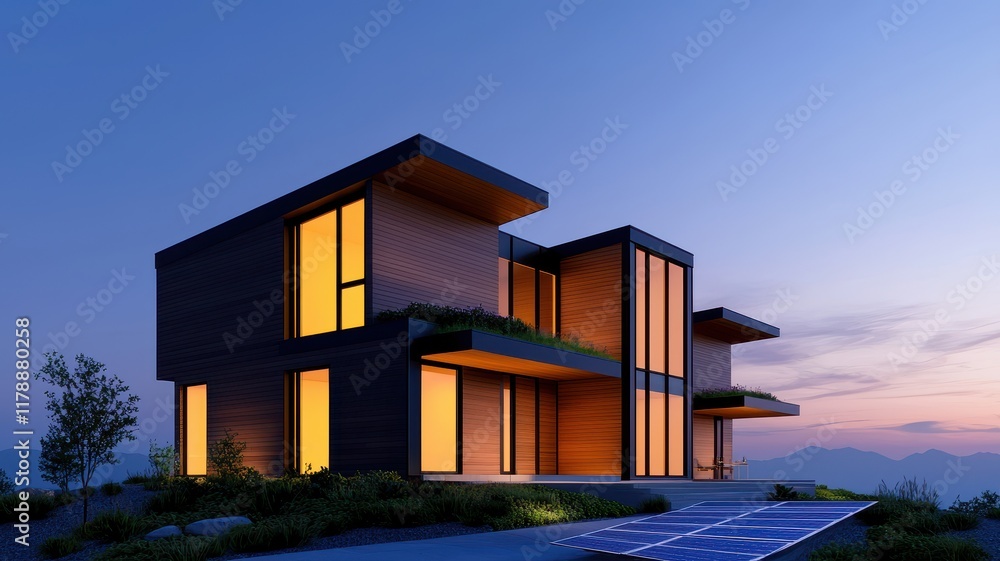 Modern Eco-Friendly House with Solar Panel on Roof Surrounded by Lush Greenery in a Peaceful Residential Neighborhood Modern Eco-Friendly House with Solar Panel on Roof Surrounded by Lush Greenery in a Peaceful Residential Neighborhood