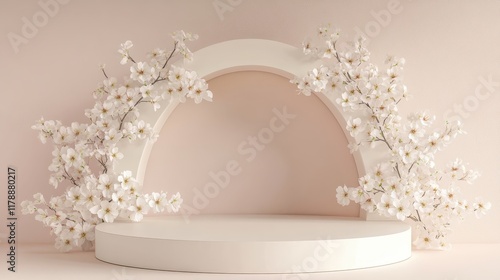 3D Empty podium background with cherry blossom,Spring welcome, decorative trendy for sale,pedestal,Fall sale advertising banner,sakura,seasonal marketing materials,templateVector illustration. photo