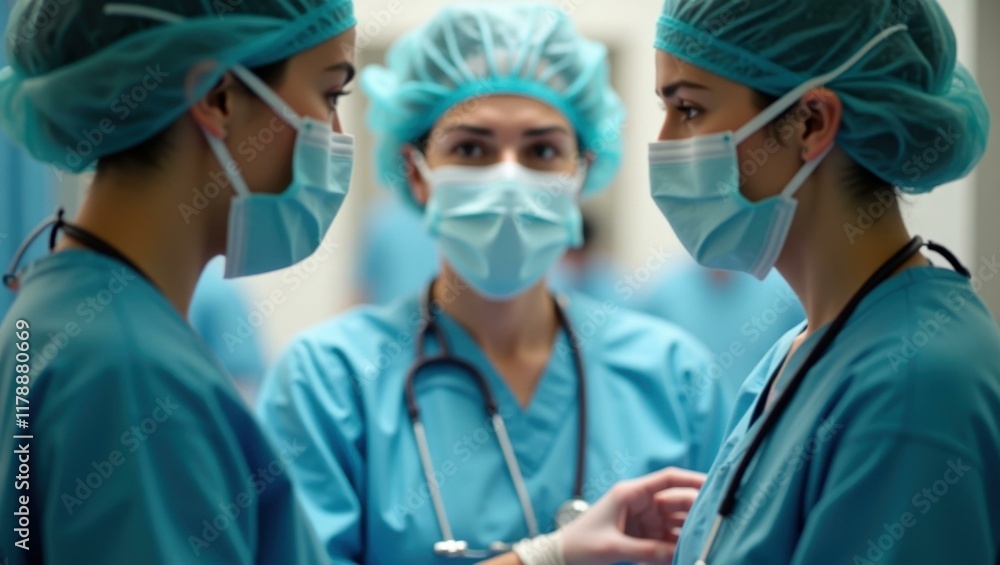 Trusting eyes visible above masks as healthcare workers support each other during a busy shift, Professional stock photo, AI generated photograph