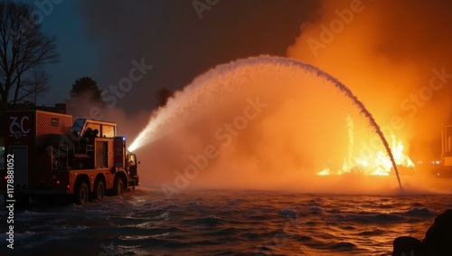 Fire hoses arcing jets of water illuminated by sporadic flashes from the fire, Professional stock photo, AI generated photograph photo