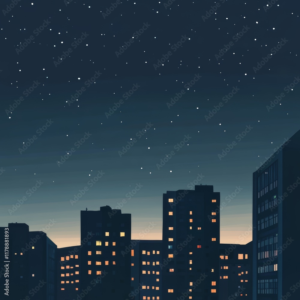 A city skyline at night with a starry sky above. The city is lit up with lights from the buildings, creating a warm and inviting atmosphere. The stars in the sky are twinkling A city skyline at night with a starry sky above. The city is lit up with lights from the buildings, creating a warm and inviting atmosphere. The stars in the sky are twinkling