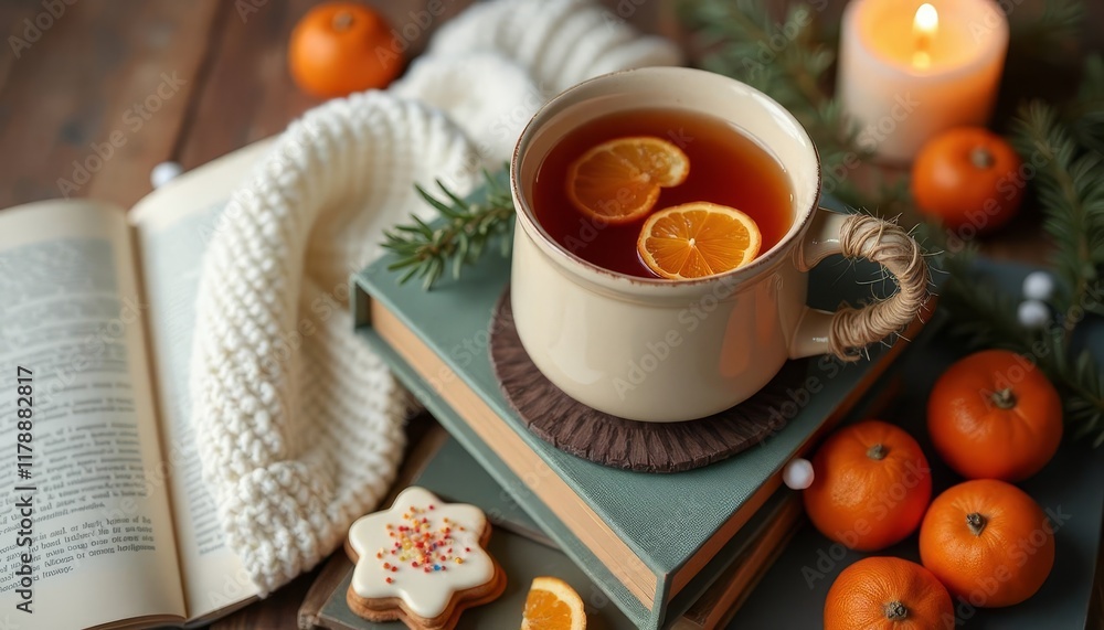 a mug filled with hot chocolate topped with fluffy marshmallows, placed on a bed of snow-covered pine branches and Christmas decorations. Hot drink. Sweet Home a mug filled with hot chocolate topped with fluffy marshmallows, placed on a bed of snow-covered pine branches and Christmas decorations. Hot drink. Sweet Home