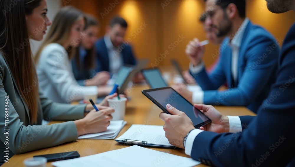 Delegates taking notes on laptops and tablets ensuring they capture crucial details of the discussions, Professional stock photo, AI generated photograph Delegates taking notes on laptops and tablets ensuring they capture crucial details of the discussions, Professional stock photo, AI generated photograph