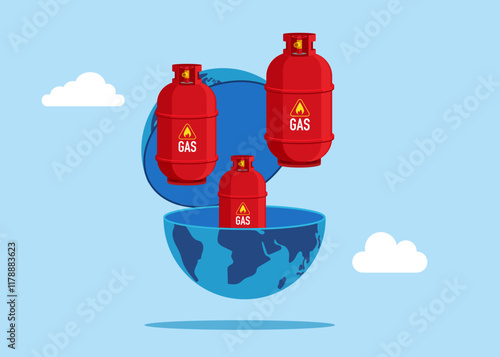 Open globe to see gas cylinders. Vision plan and perspective. Trading natural gas. Modern vector illustration in flat style