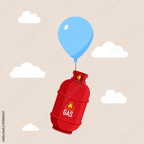 Gas cylinder flying in the air with balloon. Rising stock chart. Sale of gas products. Modern vector illustration in flat style