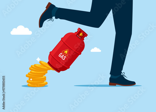 Businessman fled from a falling gas cylinder fell from a pile of coins. Freeze natural gas prices. Modern vector illustration in flat style