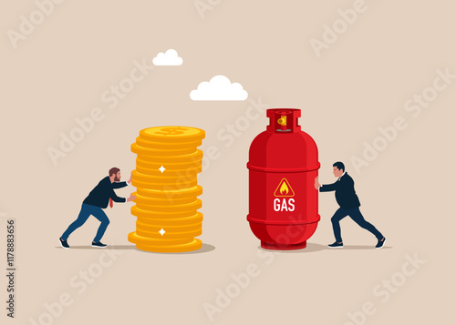 Businessman buys natural gas. Partner holding gas cylinder. Sale of natural gas and fuels. Modern flat vector illustration.