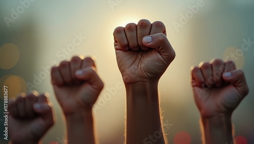 A close-up of raised fists symbolizing unity and determination for climate action, Professional stock photo, AI generated photograph photo