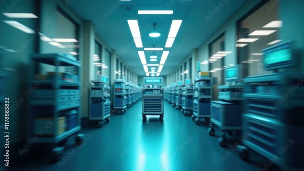 An iridescent glow from hospital lights reflecting off quick-moving medical carts, Professional stock photo, AI generated photograph An iridescent glow from hospital lights reflecting off quick-moving medical carts, Professional stock photo, AI generated photograph